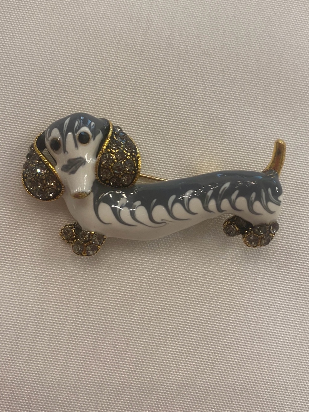 Dachshund Dog Brooch Gray White Gold Accents NEW